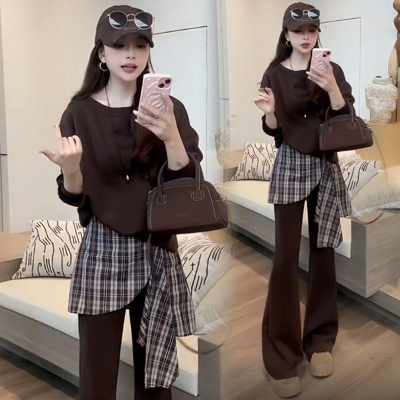 

2026 Autumn Plaid Sweatshirt & Long Pants Set - Patchwork Design, Long Sleeve, Lamb Cashmere Comfort. 2XL (130-155 lbs)