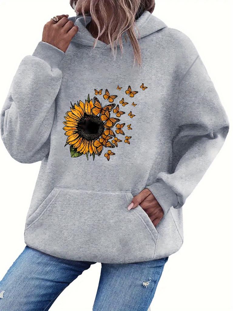 2025 Autumn/Winter Women's Sunflower and Butterfly Pattern Hoodie Casual Street Style Pullover Graphic Women Clothing Fashion