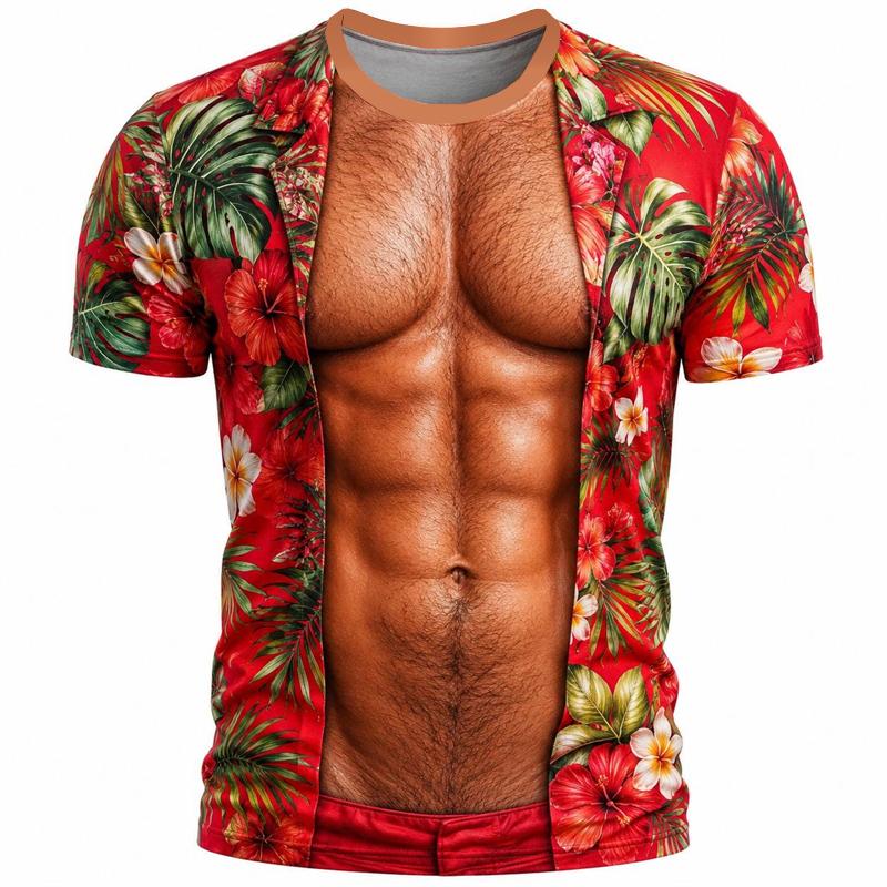 Divertente T-shirt 3D a Maniche Corte con Addominali e Peli sul Petto, Estate Spiaggia Vacanza Novità Festa Famiglia Outfit Genitore-Figlio