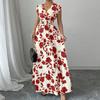 Women's Summer Fashionable Floral Print V-neck Long Dress, Summer Waist Cinching Dress