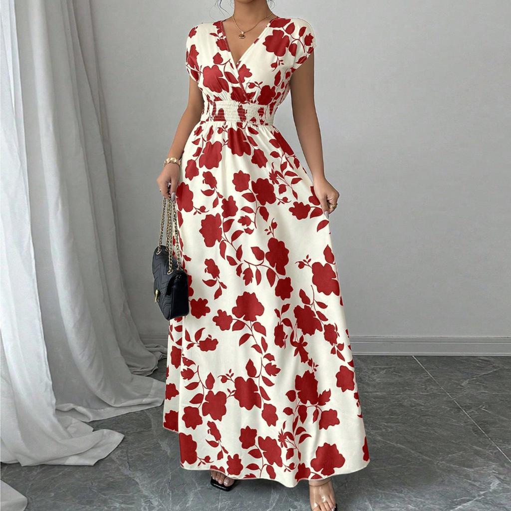 Women's Summer Fashionable Floral Print V-neck Long Dress, Summer Waist Cinching Dress
