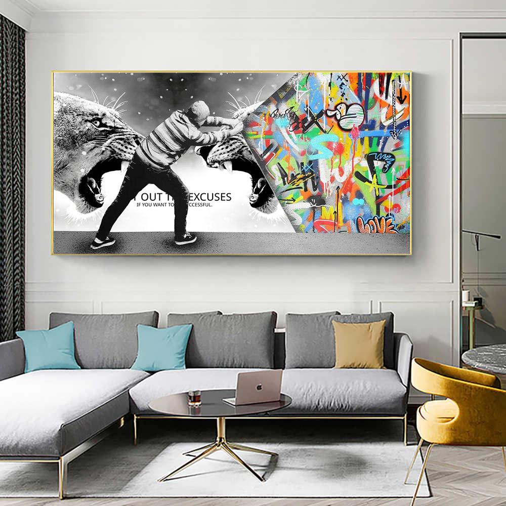 Tablouri inspiraționale pe pânză „Ruletul leului” Graffiti Banksy combină Poze de artă de perete de pe stradă pop pentru living Decor fără cadru