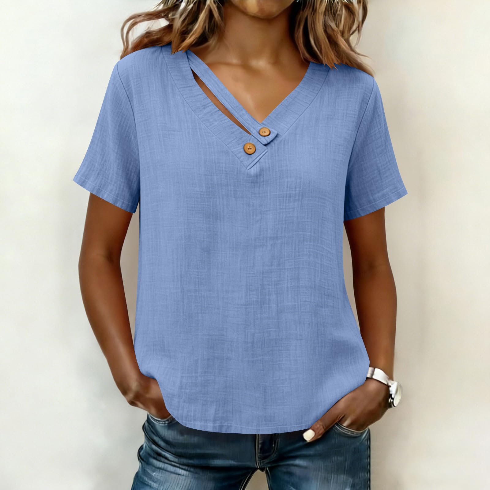

Women s Casual Loose Fit V Neck Button Detail Short Sleeve Top Lightweight Summer Blouse with Textured Fabric and Relaxed Silhouette L синий