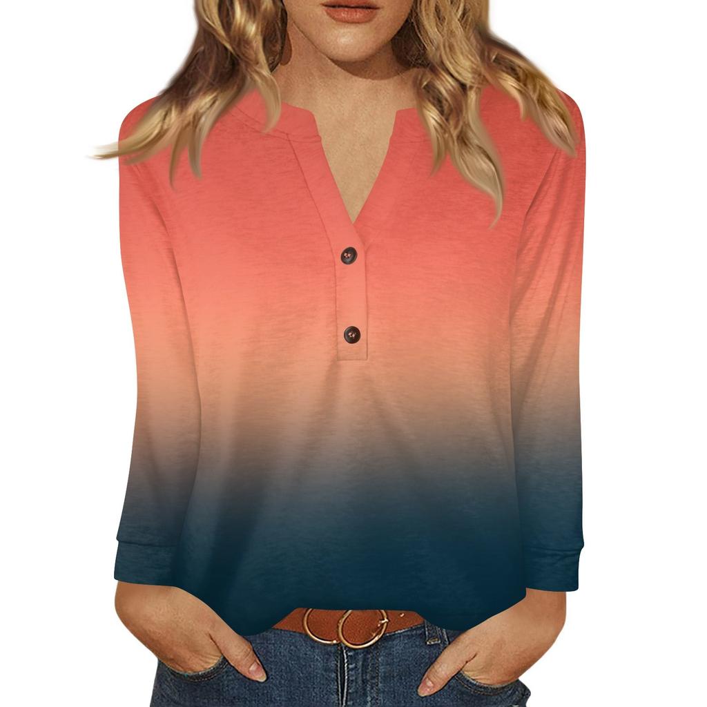 Damen T-Shirt Print Knopf Langarm Täglich Wochenende Mode Basic V-Ausschnitt Regulär Oberteil