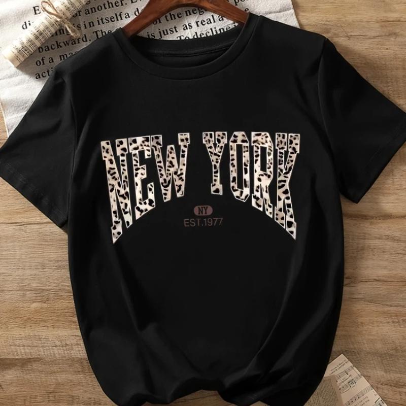 New York Pattern Printed Leopard Print Letter Design Women's Casual Short Sleeve Round Neck T-Shirt Four Seasons Versatile Top
