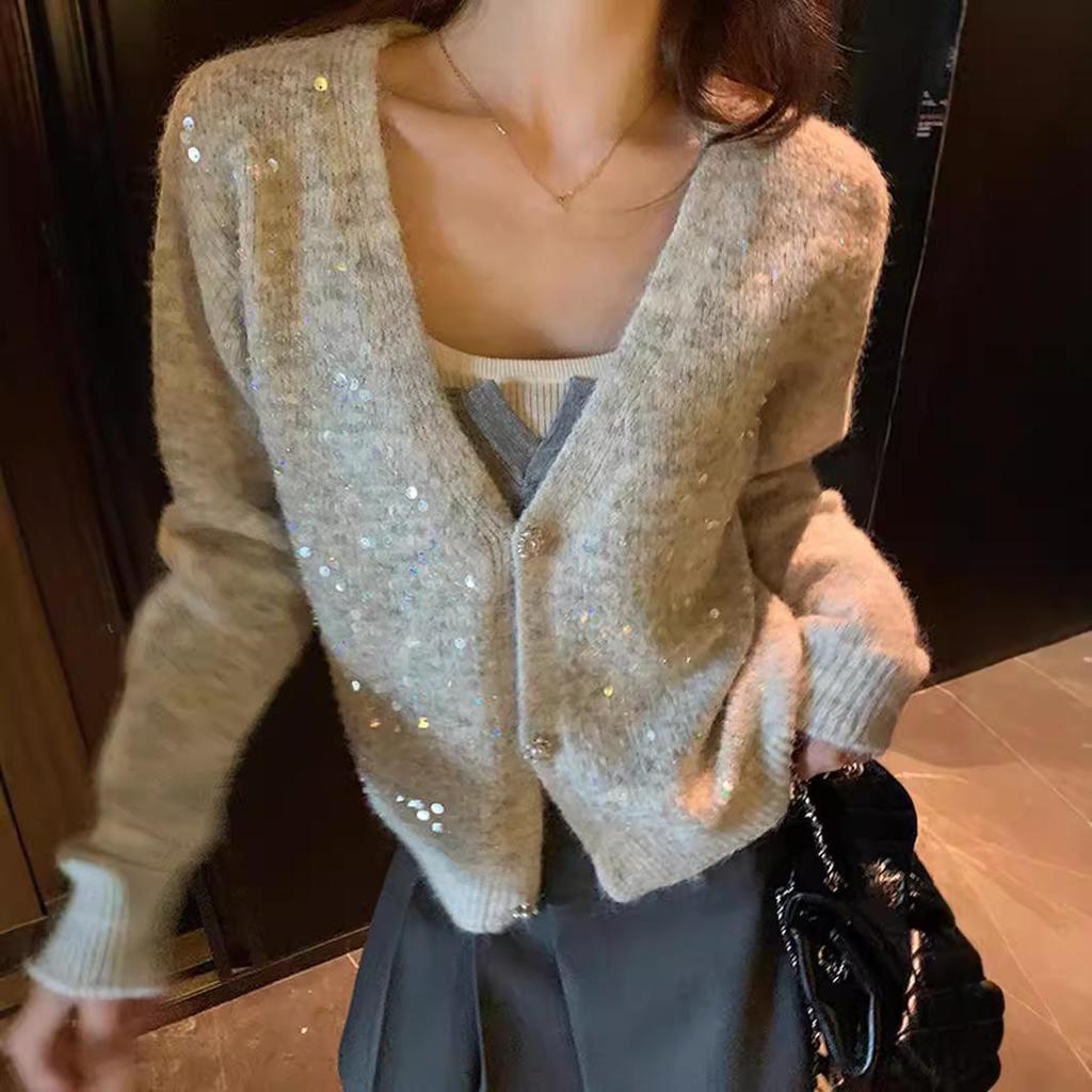 Women's Autumn and Winter V-neck Sequin Knit Cardigan Jumper