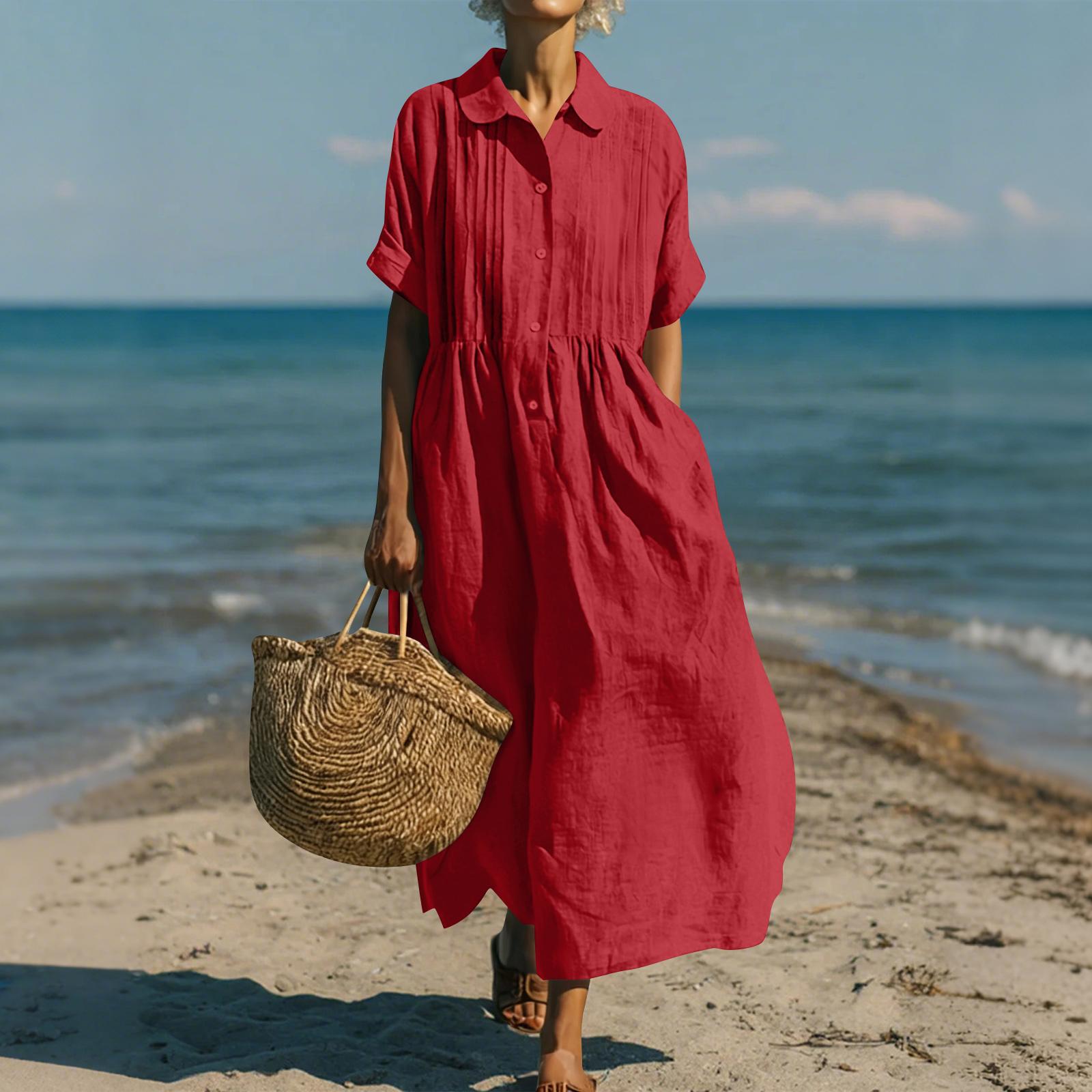 

Women s Summer Loose V Neck Short Sleeve Dress, Elegant Dress M червоний