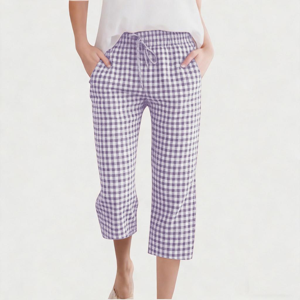 Children's Fashionable And Cute Checkered Elastic Waist Pocket Casual Girls' Cropped Pants