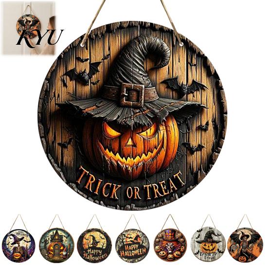 Vintage Witch And Bat Plaque Halloween Wooden Sign, Round Hanging Pendant with Lanyard, Retro Distressed Rustic Wall Decor Wood Skeleton/Pumpkin/Clown