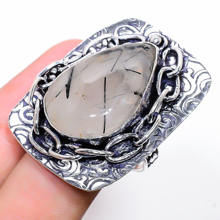 

Natural Black Rutile Gemstone Handmade 925 Sterling Silver Ring Size 9.5 L2h81