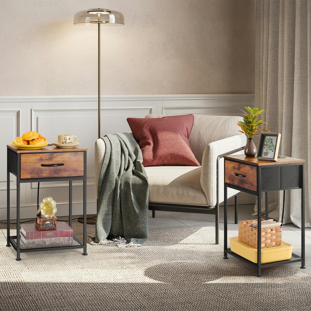 2-Pack Bedside/End Tables with Charging Station & Storage Drawers - Nightstand Set for Bedroom/Living Room Decor
