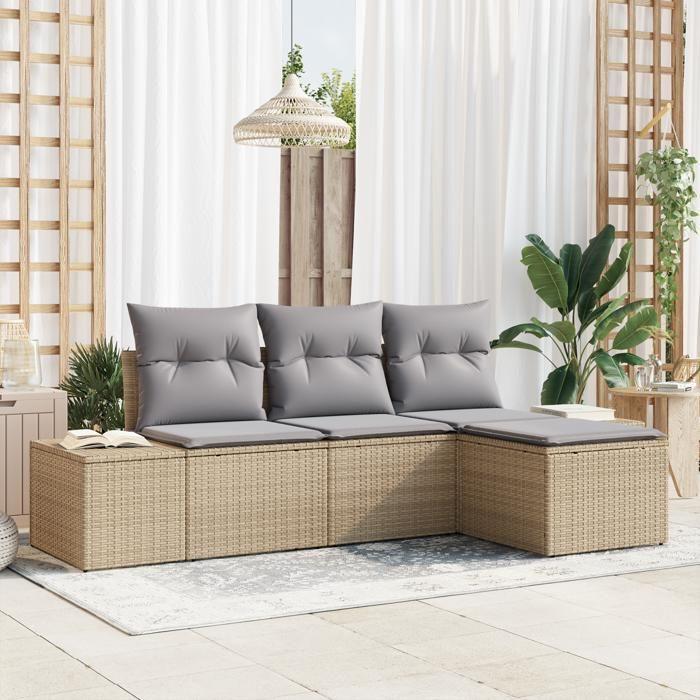 VidaXL Ensemble de Canapé de Jardin 4 Pièces Avec Coussins Beige Rattan Poly 3347010