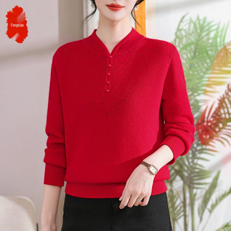 Women's V-Neck Knitted Sweater for Middle-Aged
