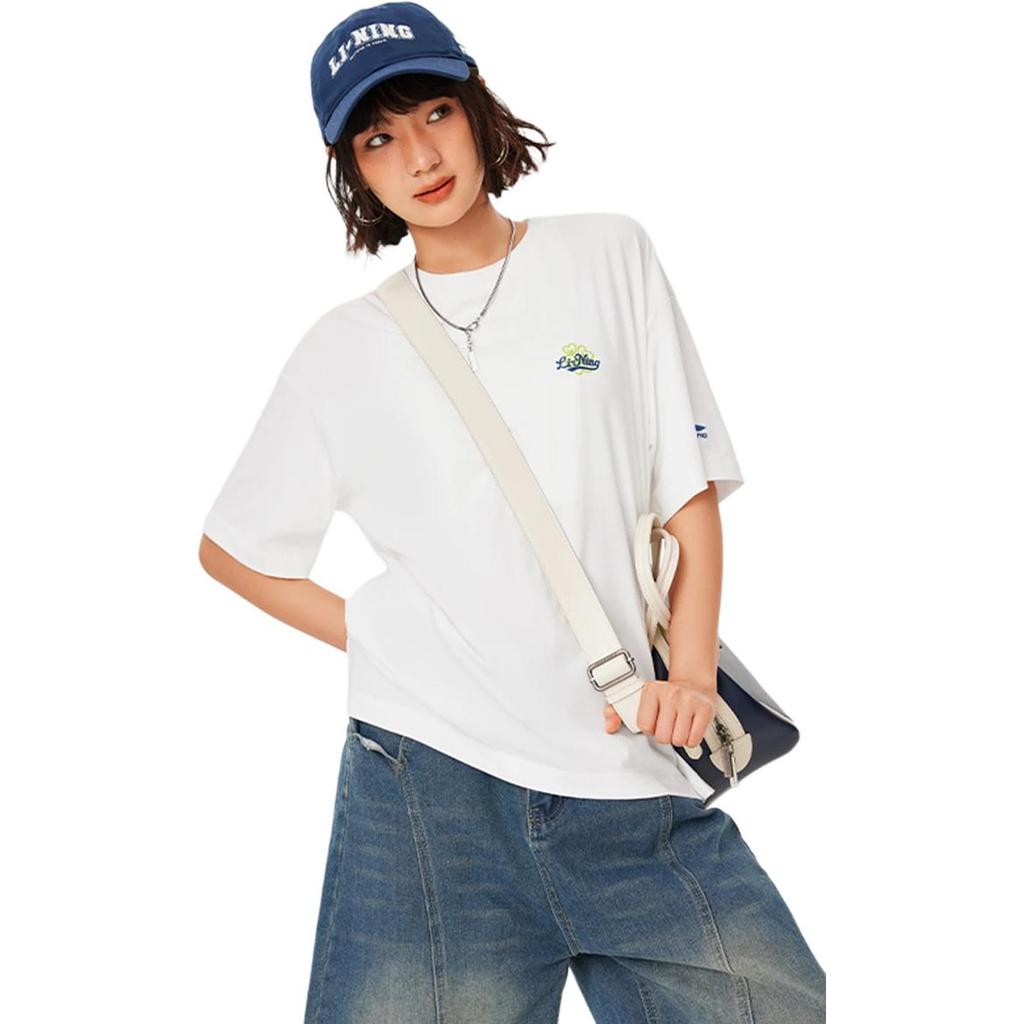 Li Ning Sports Trend Series Printed Letter Round Neck Comfortable Breathable Short Sleeve T-Shirt Women Tops Sour-Green AHSU522-4