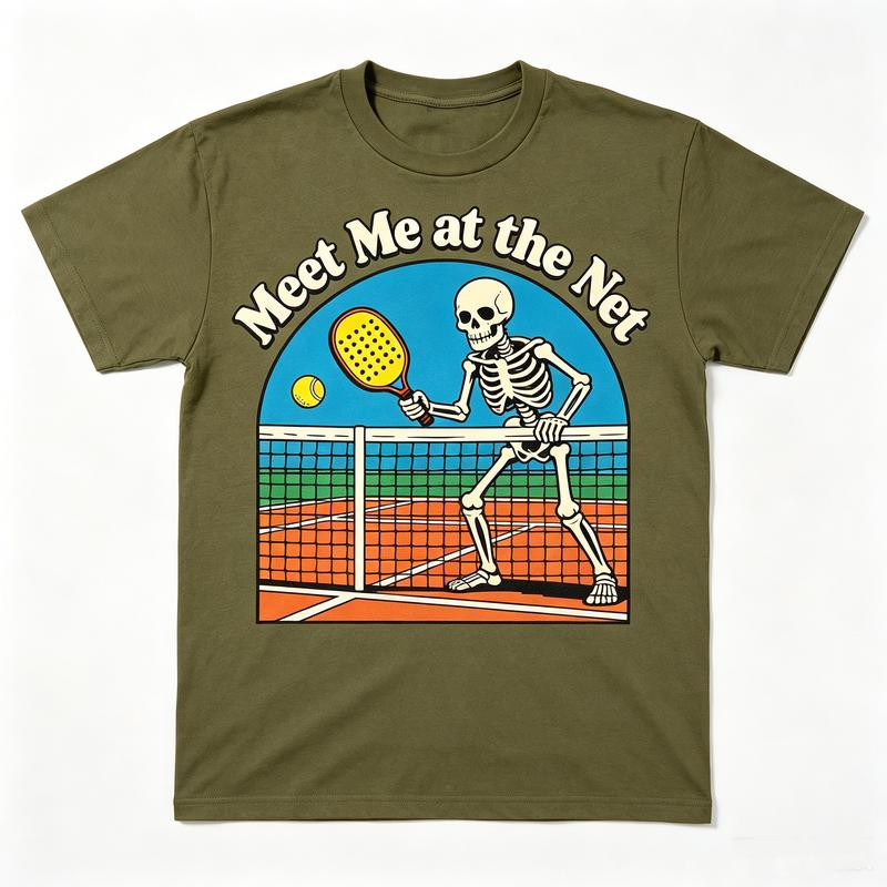 Meet Me at the Net Skeleton Pickleball TShirt Funny Sport Racket Graphic Tee Casual Short Sleeve Shirt Streetwear Player Lover