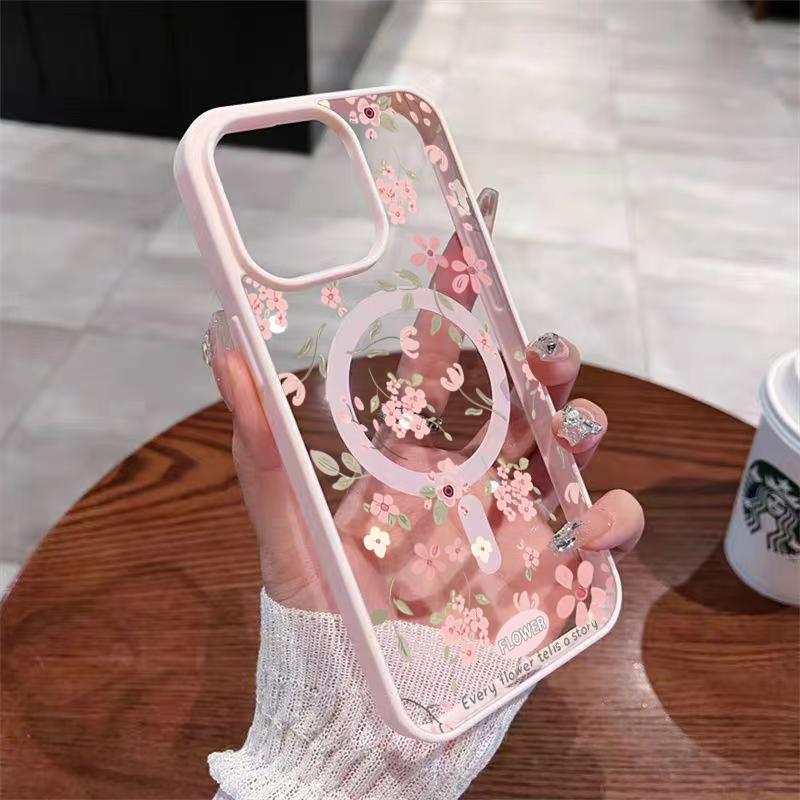 Small Pink Flowers Design Magnetic Phone Case For iPhone 17 Pro Max Cases iPhone 16 Plus 15 14 13 12 11 Air 17 Transparent Cover