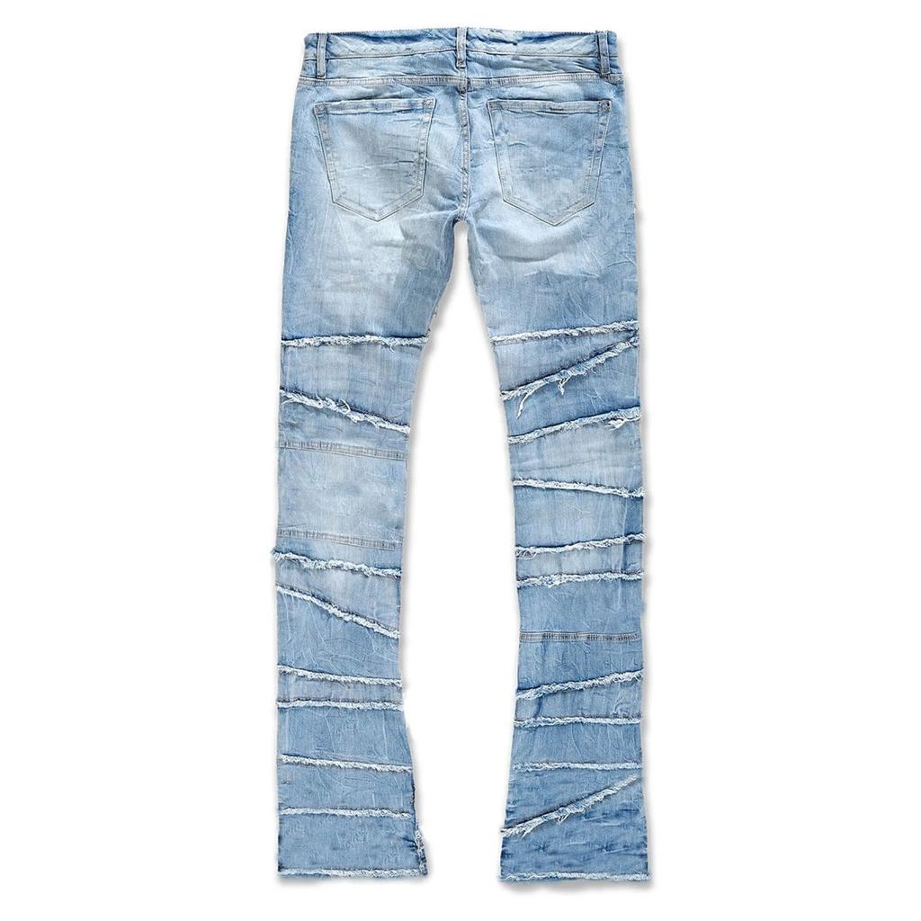 DRIPX New Stacked Jeans Men Patchworks Spliced Denim Ripped Wash Frayed Pants Male's Streetwear Men‘s Tassel Motorcycle Jeans