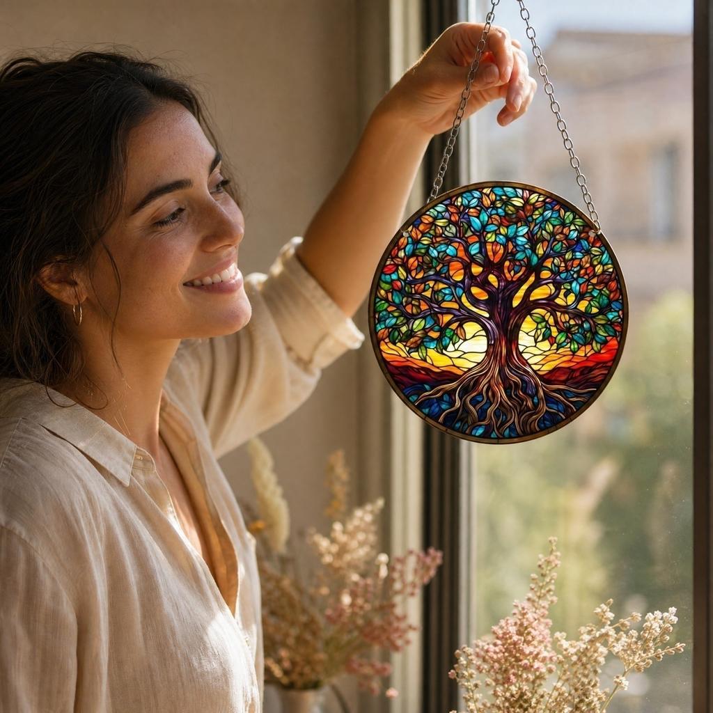Acrylic Hanging Ornament - Tree of Life Design, Colorful Stained Glass Decoration for Window, Home, Garden, Indoor Outdoor Use