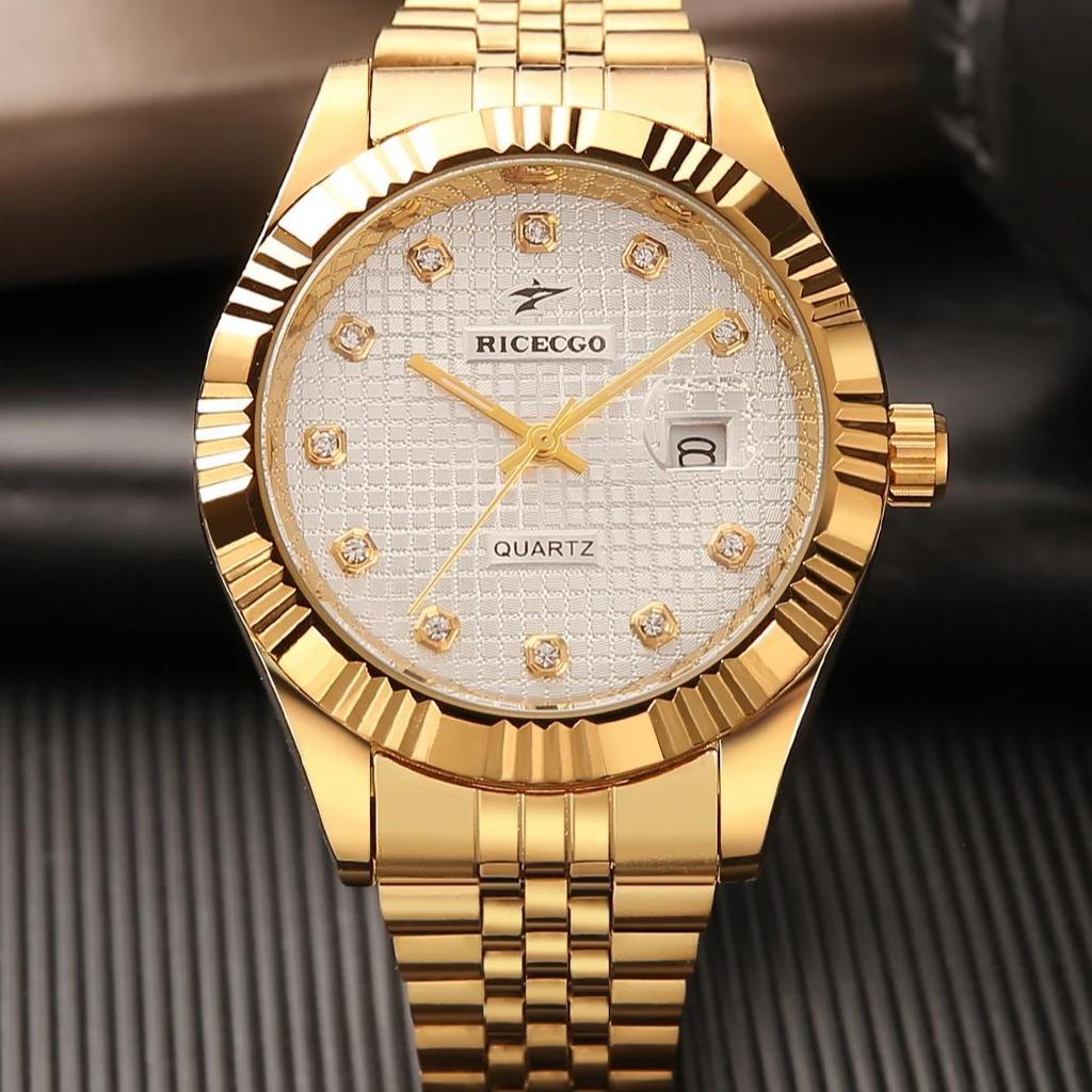 1pc Quartz Watch with Calendar Display Dial Set with Diamonds and Textured Design Fashionable Jewelry Accessories Dual Calend