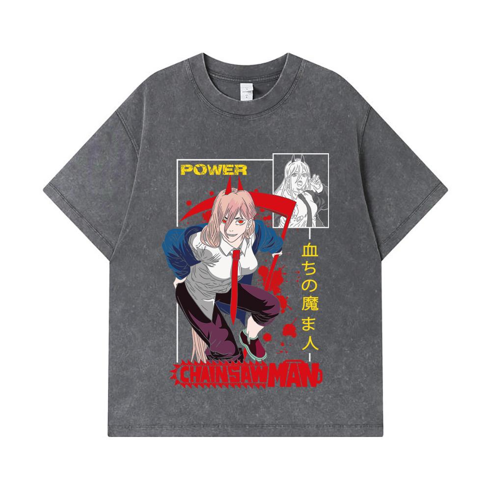 275 GSM Washed T-shirts 100% Cotton Chainsaw Man V40 Power Print Unisex Heavy Cotton T Shirt