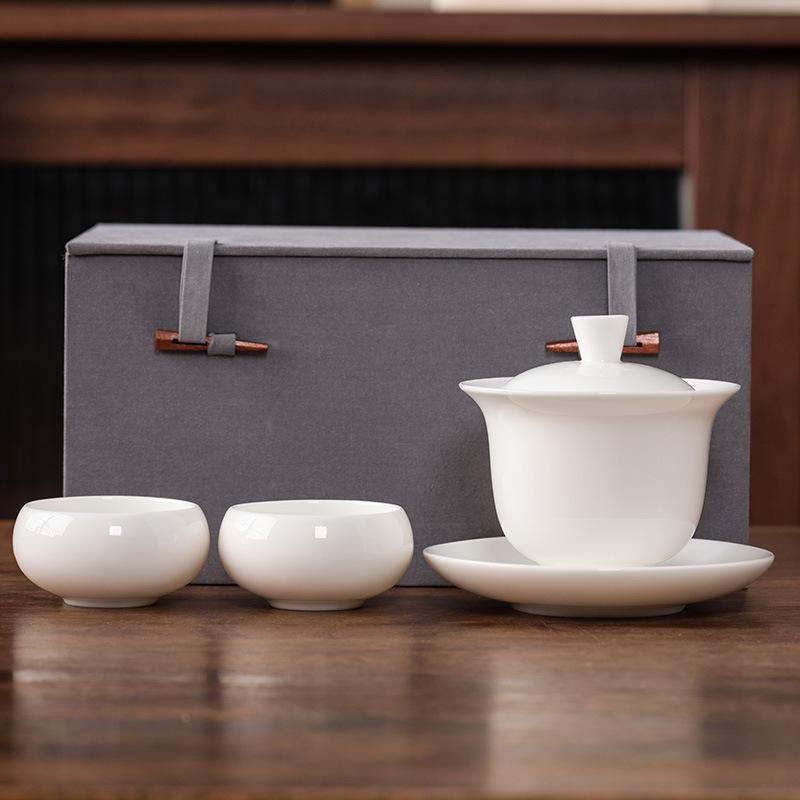 Hover Cover Bowl Suet Jade Porcelain White Porcelain High-end Three Talents Brewing Tea Bowl One Pot Two Cups Gift Box Light Luxury Boutique Tea Set