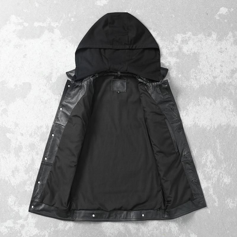 Black Vintrage Brown Genuine Cow Leather Vest Men Fashion Slim Cowhide Vests Motor Rider Leather Vest Hooded Sleeveless Jacket
