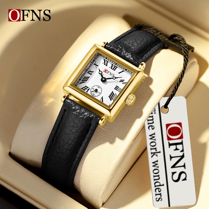 OFNS Retro Leather Strap Women's Business Quartz Watch - Square Dial, Steel & Mesh Straps, Two-Hand Design