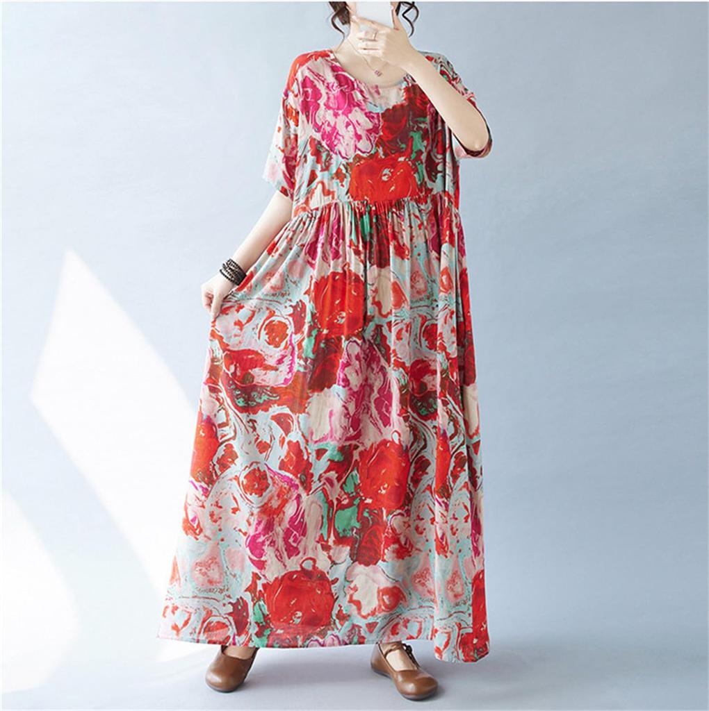 Summer Resort Mori Girl Long Plus Loose Bohemian Floral Perfect for Popular Free Floral Print [kisetsumate] Women's Dress, Cotton-Linen, Style, Dress,