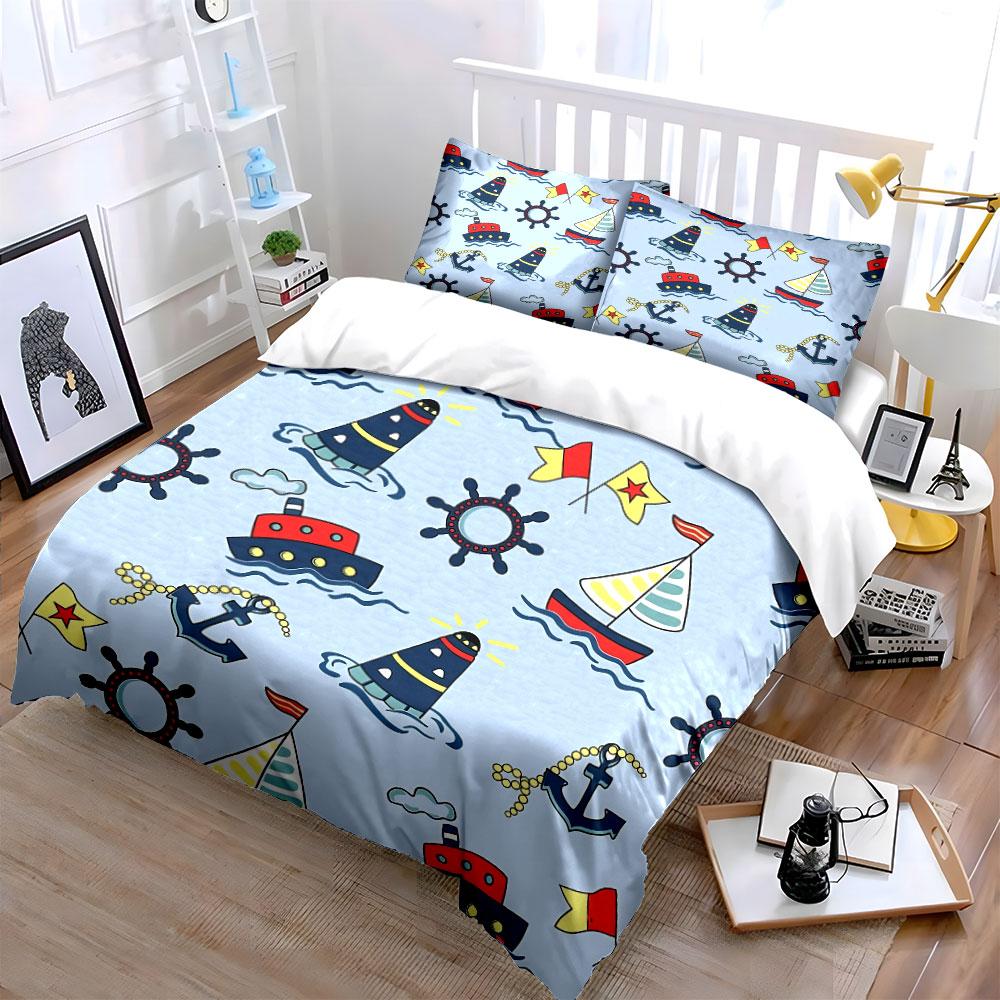 Nautical Pattern Light Blue Bedding Duvet Cover Set Duvet Cover Pillowcases  (1*Duvet Cover 2*Pillowcases, Without Duvet Insert)