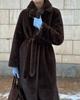 Women's Notched Collar Long Sleeve Belted Faux Mink Fur Coat Loose Fit Urban Style Furry Overcoat