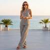 Women Linen V Neck Sleeveless Top and Wide Leg Pants Set Casual Loose Fit Striped Two Piece Outfit for Daily Wear