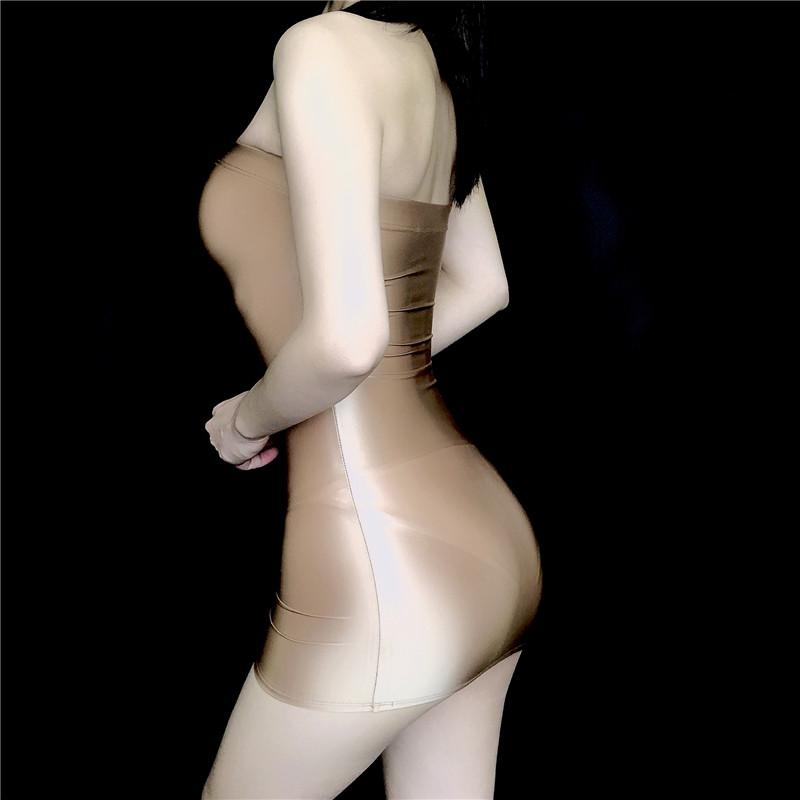 Sexy Oil Glossy Shin Sheer Micro Mini Dress See Through Bodycon Sexy Tight Pencil Cute Dress Smooth Bandage Dress Candy Color 15