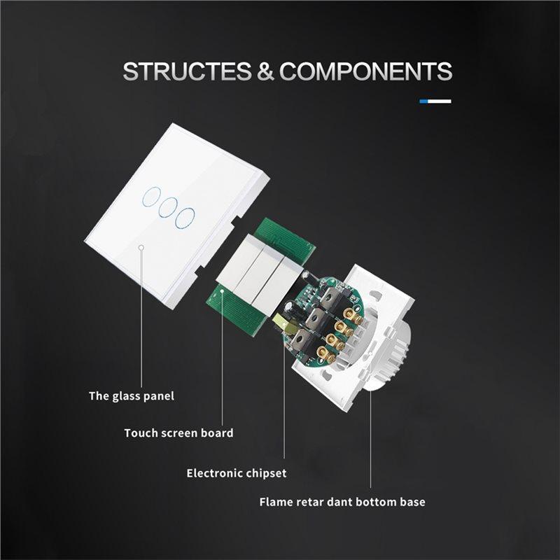 2025 Trend European AC100-240V Tempered Black White Glass Touch Switch Panel Wall Light Sensor Button Gang 10A Interrupt EU Plug