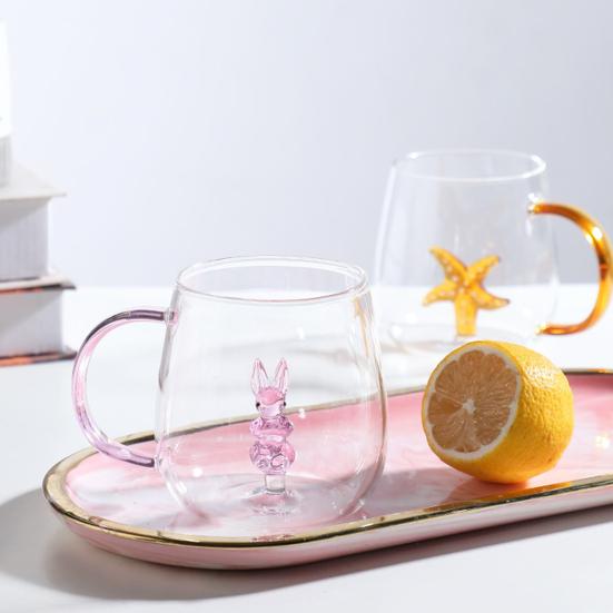 Handmade Glass Cup Animal Plant Shape Transparent Water Cup Cute Coffee Milk Drink Cup with Colorful Handle