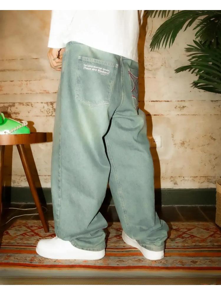 Streetwear Jeans Y2K Mens Pants Harajuku Hip Hop Letter Embroidery Vintage Blue Baggy Jeans High Waist Wide Leg Trouser