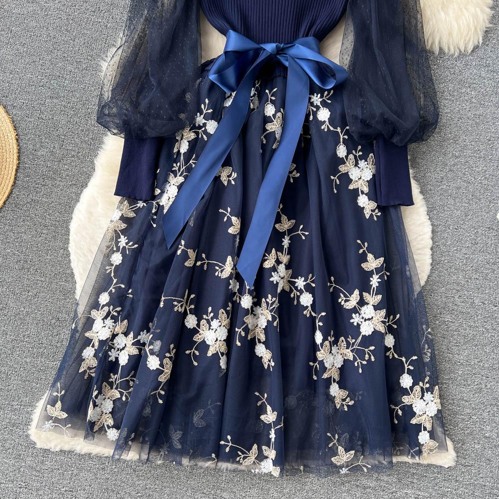 Spring Floral Knitted Long Dress Women Autumn Long Sleeves A Line Patchwork Mesh Embroidery Dresses