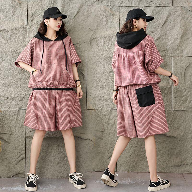 Summer Thin Cotton and Linen Plaid Short-sleeved Suit Plus Size Hooded Retro Top Five-point Pants Two-piece Suit