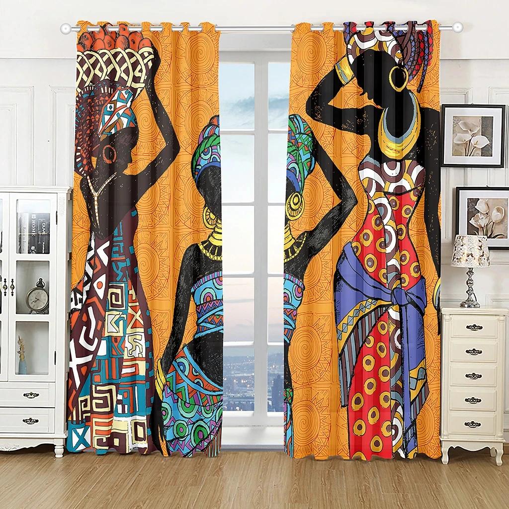 2 Pieces Ancient Ethnic African Woman Window Curtains Living Room Bedroom Kitchen Curtain Drapes Abstract Art Window Treatment