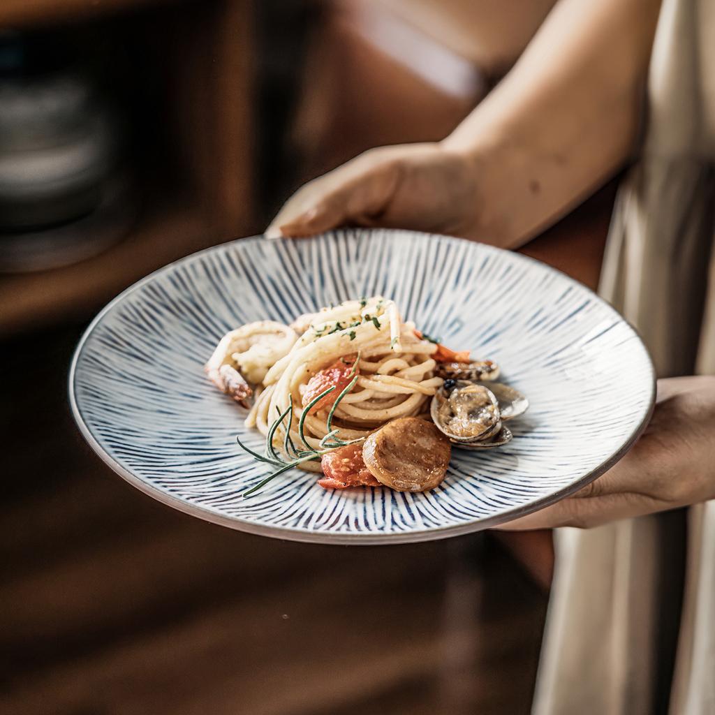 Creative Blue Striped Plate Japanese Ceramic Plate Household Round Plate Tableware Plate Western Pasta Plate