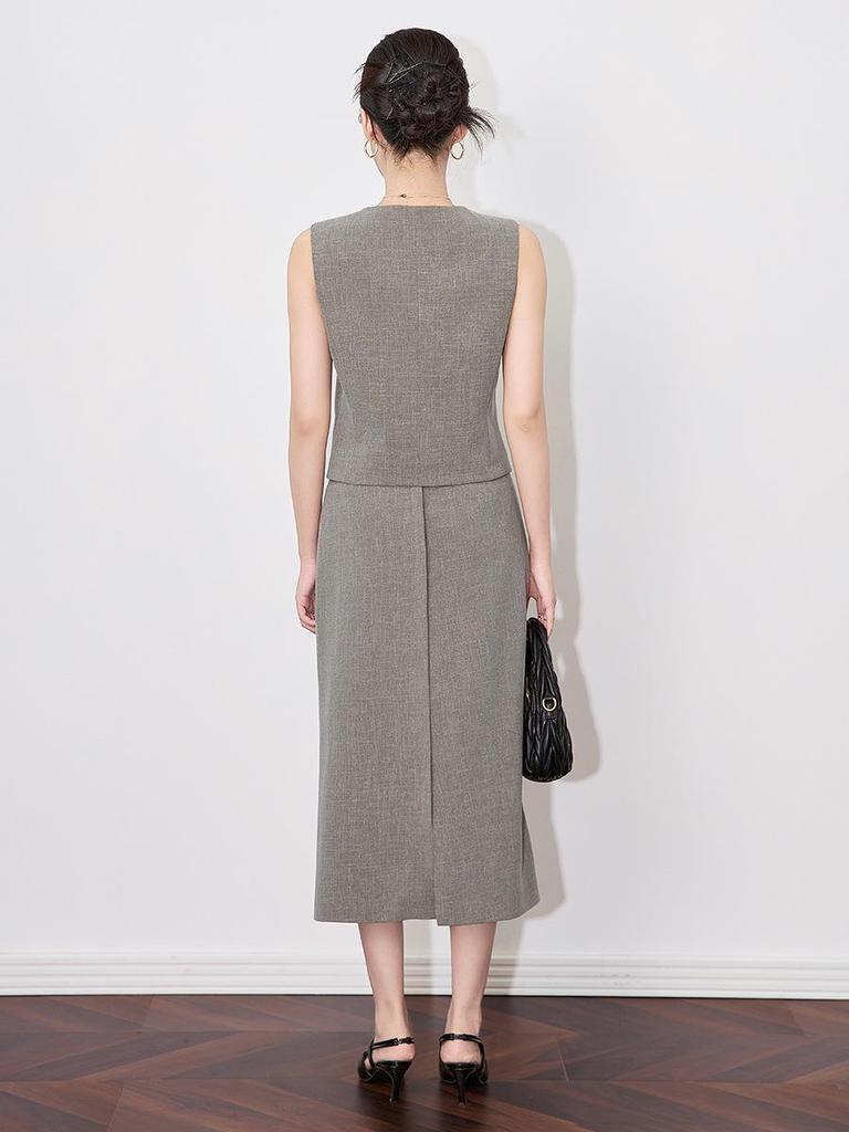 Old Money V-neck Button Vest & Fashionable Midi Skirt Two-piece Set