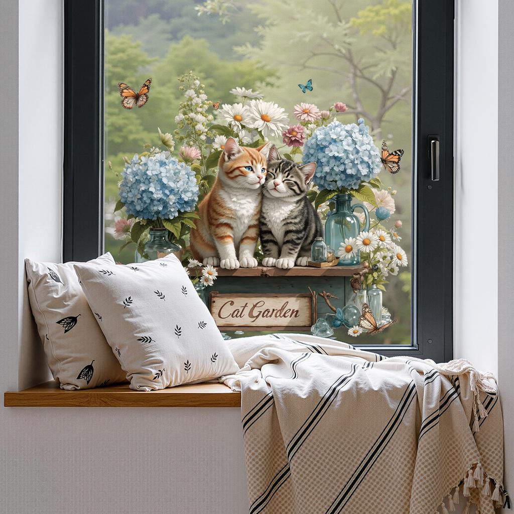 Floral Cat Butterfly Spring Static Cling Window Sticker Removable Self-Adhesive for Cafe Shop Window Glass Door Home Decor Art