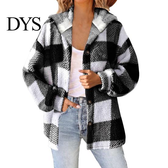 Women Jacket Lady Winter Coat Plush Lined Flannel Conrast Color Plaid Print Design Outerwear Hooded Single-breasted Thick Loose Long Sleeves Casual