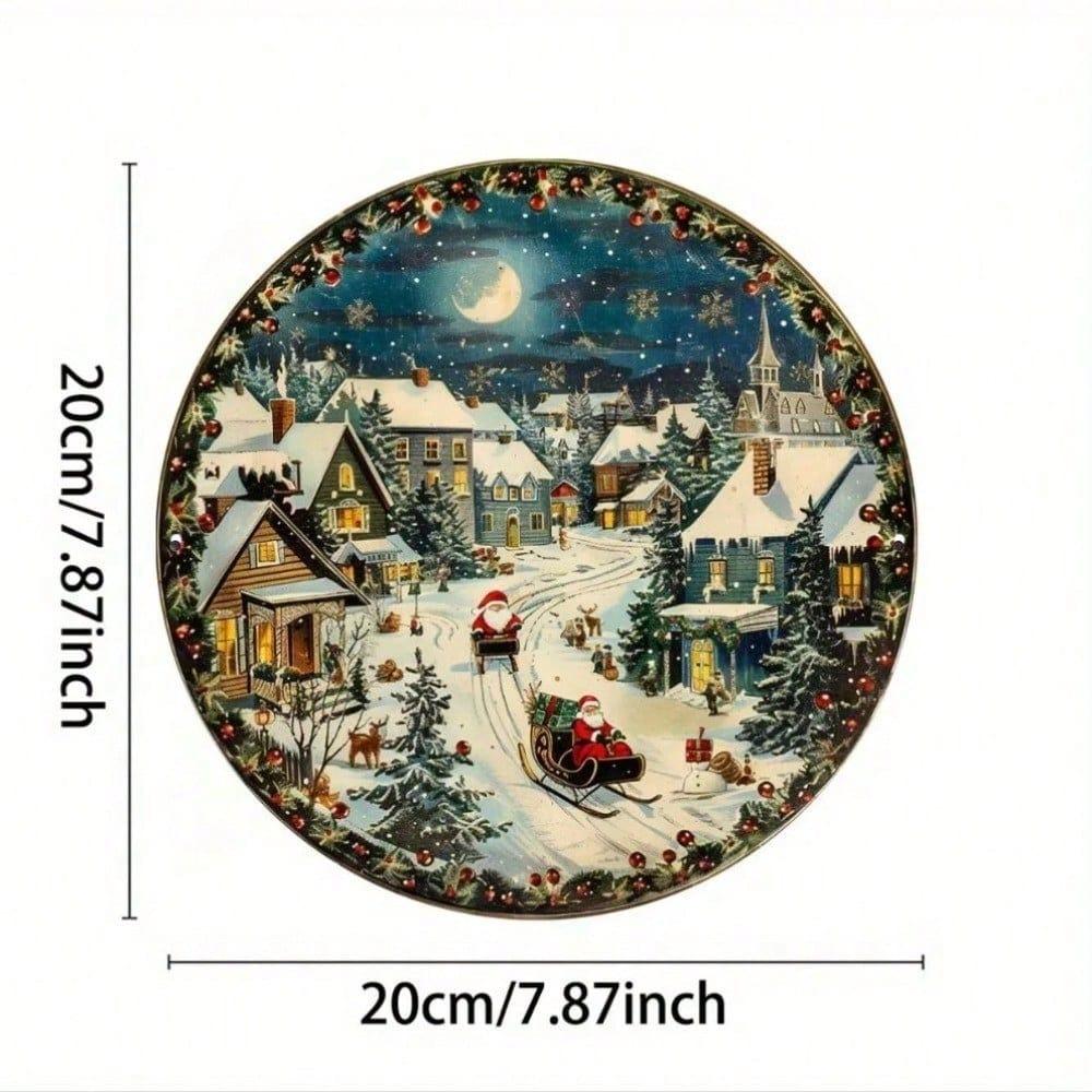 Vintage Christmas Tin Sign Metal Wall Art, Retro Round Foil Carving Decor for Home Kitchen Bar