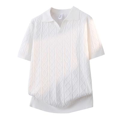 Camisa Polo Tricotada de Manga Curta Masculina Padrão Diamante Gola V Casual Respirável Top