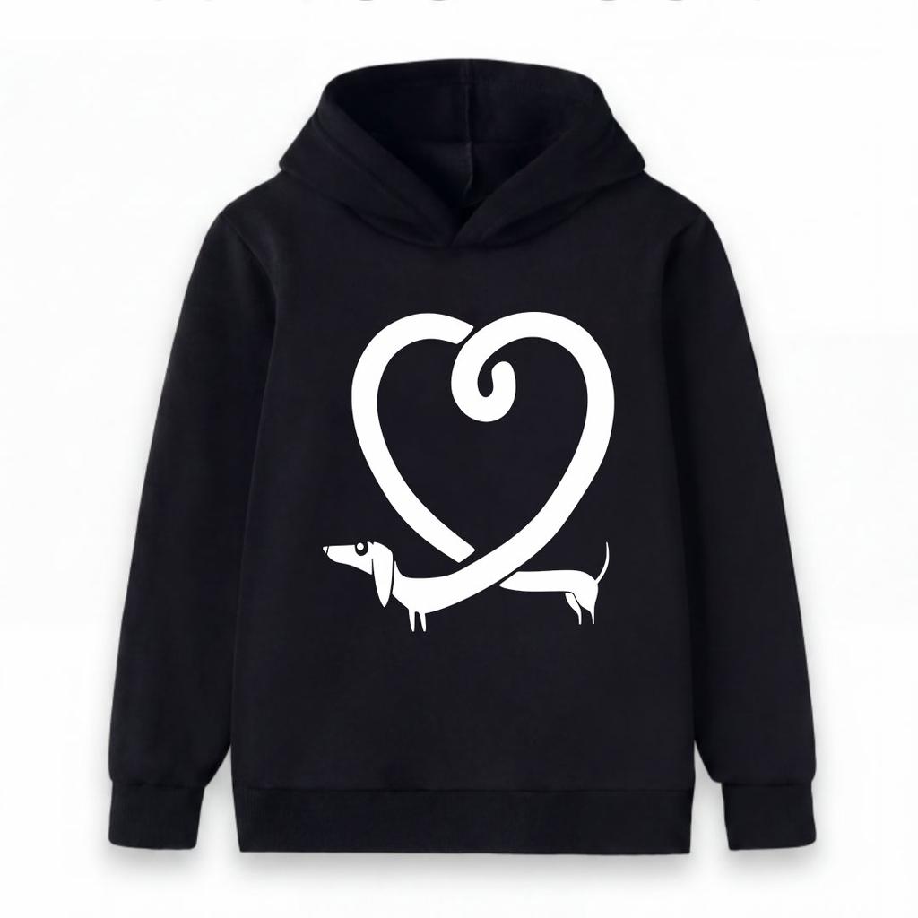 Kids Boys Girls Pullover Hoodie, Cute Dachshund Heart Print Soft Casual Long Sleeve Hooded Sweatshirt for Daily Wear, School and Outdoor Activities