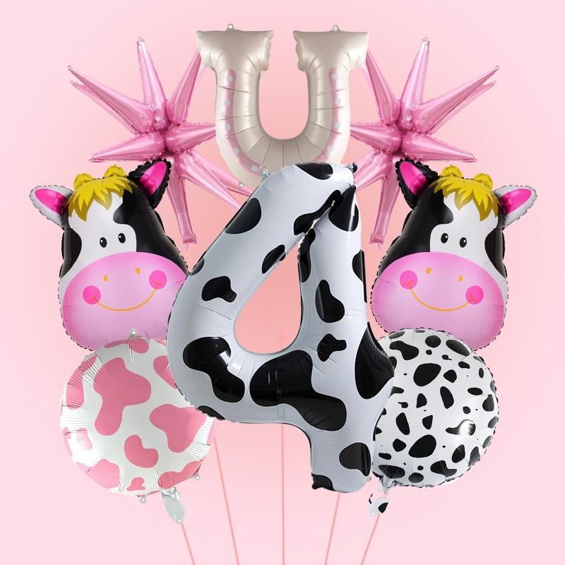 8 st Tecknad Mjölk Tjurhuvud Ballong 40 Tum Ko Mönster Siffra Födelsedagsballong Set Söt Djur Partydekoration Festivaltillbehör