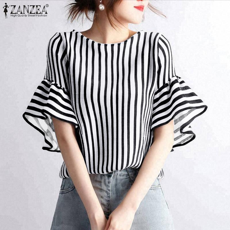 ZANZEA Kvinner Casual Rund Hals Løs Flare Erme Stripe Bluse