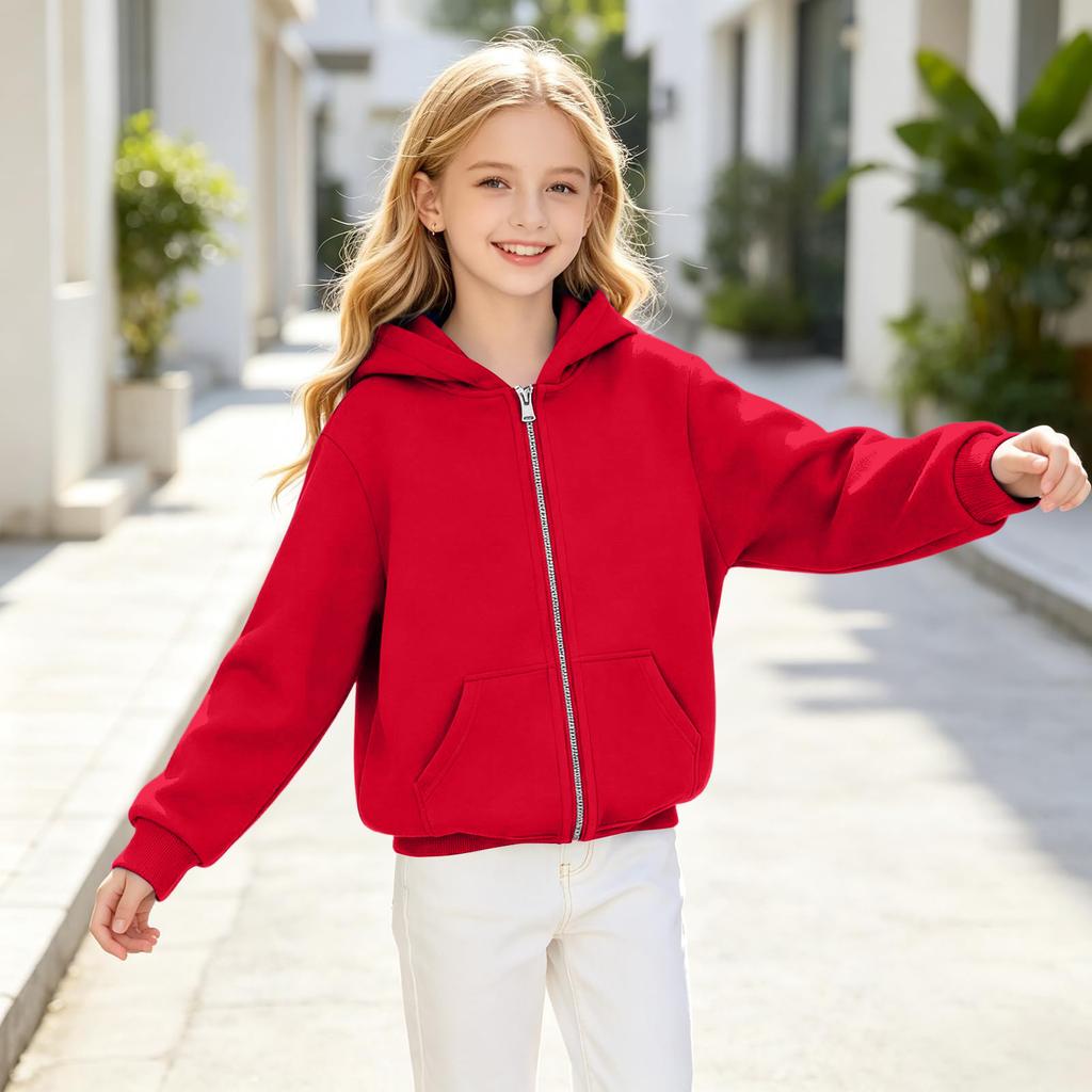 Big Girls' Fashion Color Long Sleeve Hooded Pullover Sweatshirt with Zipper