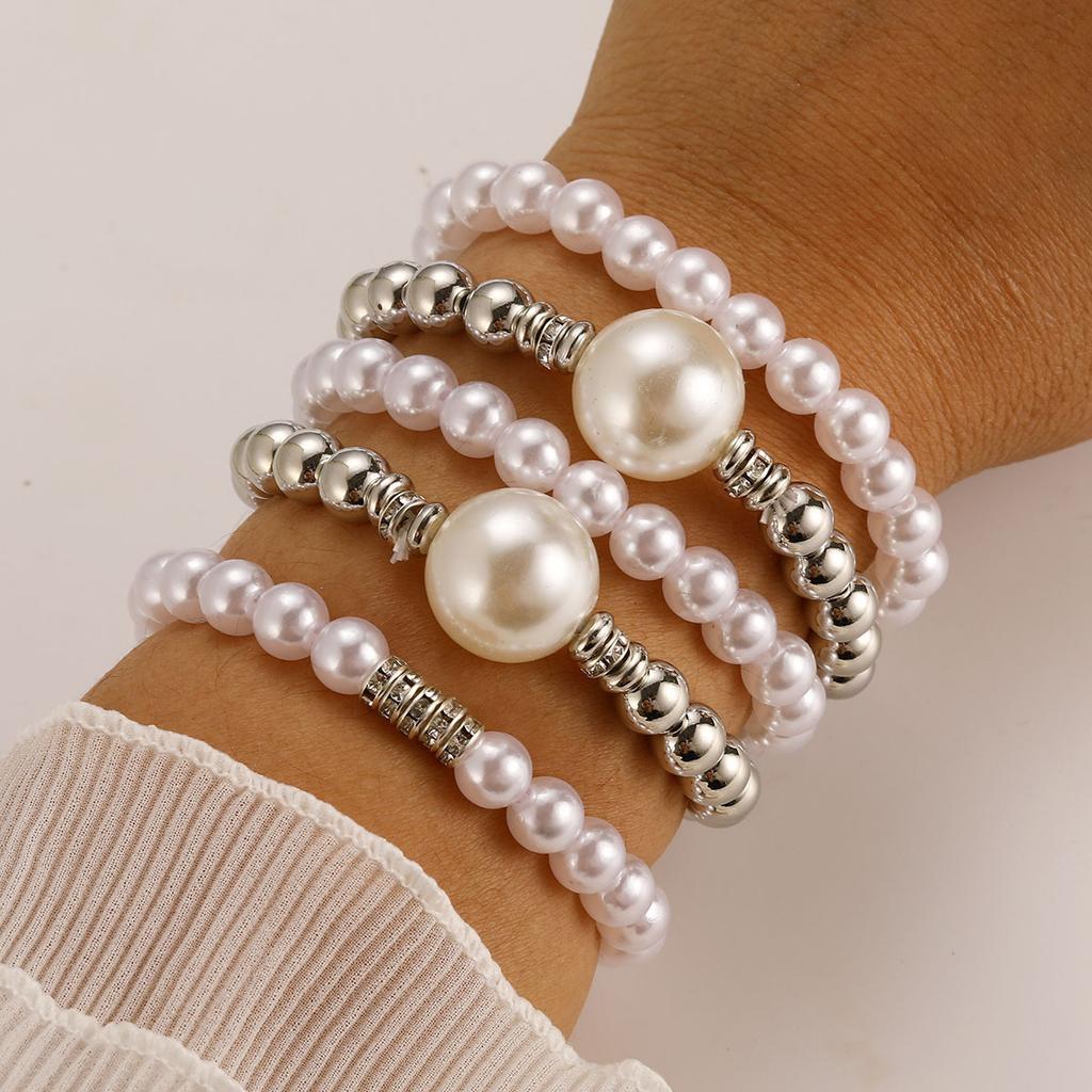 New Fashion Exaggerated Imitation Pearl Round Bead Bracelet 5-piece Set Stacked Creative Jewelry Set