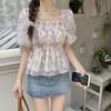 Square Collar Sweet 1111 Summer New Lantern Sleeves Slim Casual French Casual Short-sleeved Top Retro Floral Woman